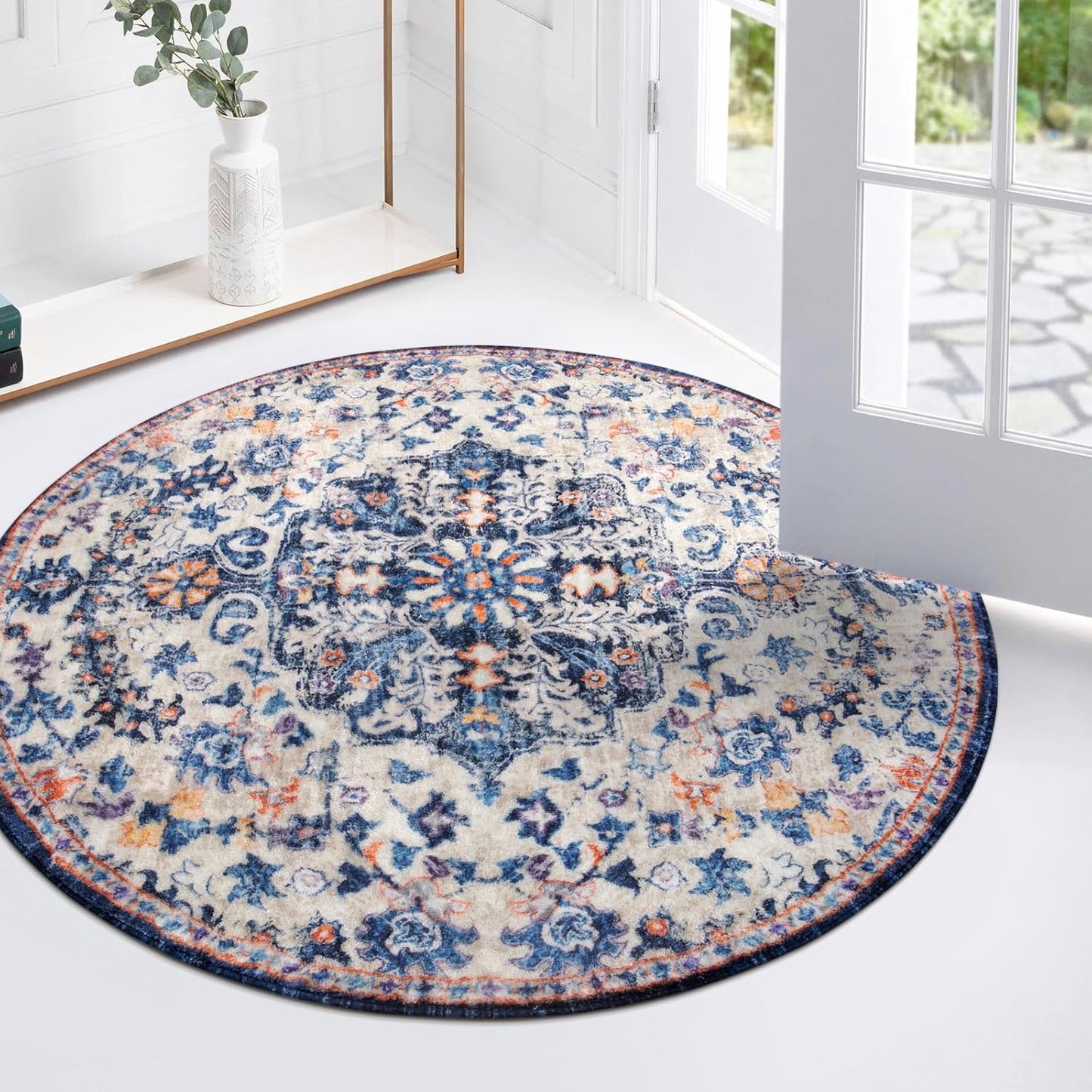 Lahome Bohemian Round Rug 3Ft Small Bedroom Round Area Rug Soft Bathroom Circle Mat, Vintage Machine Washable Non Slip Low Pile Indoor Floor Carpet for Kitchen Laundry Entryway, Blue Purple/Multi