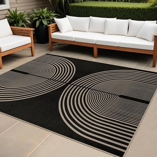 Easy Jute Indoor Outdoor 5x7 Area Rug, Black Washable Modern Rainbow Rugs for Living Room, Non-Slip Boho Farmhouse Bedroom Rug Abstract Floor Carpet for Patio Dining Room Nursery