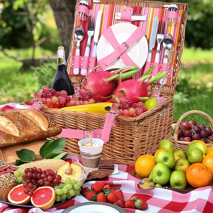 Neti Neti Wicker Picnic Basket for 4 with Insulated Cooler & Waterproof Blanket – Large Willow Picnic Hamper for Outdoor, Camping, Beach, Romantic Dates, Valentine’s Day