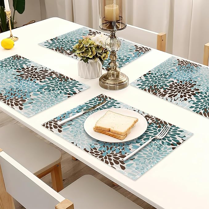 Blue Gray Dahlia Placemats Set of 6,Geometric Flowers Heat Resistant Table Mats Washable Place Mats for Party Kitchen Farmhouse Home Dining Holiday Decor 12x18 Inch