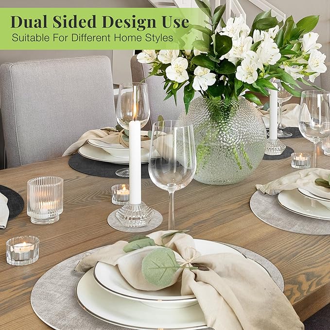 13-Inch Faux Leather Round Placemats Set of 6, Waterproof Anti-Slip Dual Sided Place mats, Heat Resistant Washable Table Mats with Coaster, Suitable for Indoor & Outdoor (6, Black Light Gray)