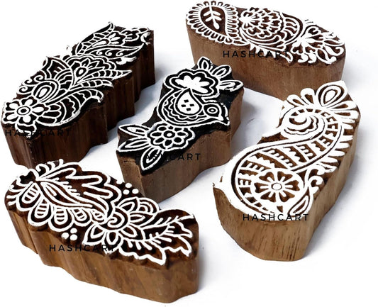 Wooden Stamps for Block Printing on Saree Border, Textile, Clay, Pottery, Tattoo Set of 5 - Handcrafted Block Printing Stamps for Kids' Art Projects HASHCART®
