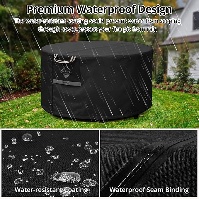 QH.HOME Fire Pit Cover Round Super Waterproof, 40inch Outdoor Round Firepit Cover 600D Strong Tear Resistant, UPF 50+ Fire Pit Covers Premium Fading Resistant for Outdoor Fire Pit - Black