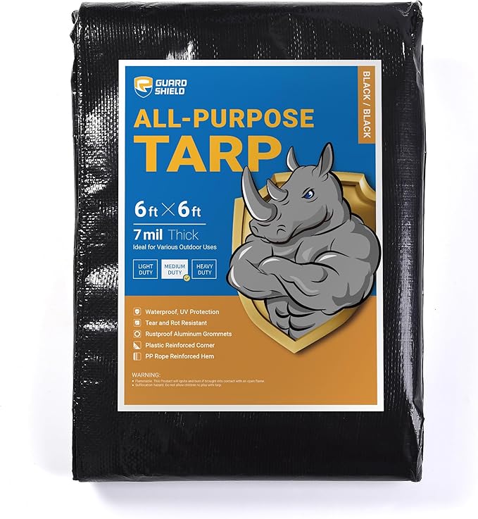 GUARD SHIELD Black Tarp Waterproof 6x6 Feet Medium Duty All Purpose Poly Tarps Cover 7mil