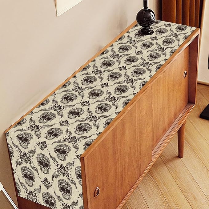 Gothic Table Runner, Retro Antique Damask Skull Pattern Classic Halloween Boho Black Coffee Vintage Table Center Decor for Kitchen and Dining Outdoor Home Country Party Table Decorations, 13"x90"