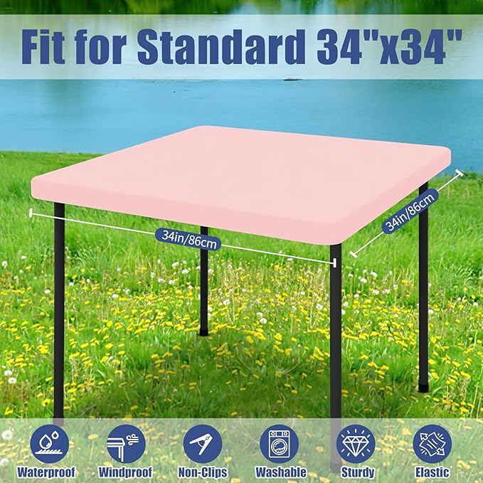 Spandex Square Table Cloth 6 Pack, Elastic Fitted Tablecloths for Picnic, Stretch Washable Patio Table Cover for Outdoor, Camping, Banquet and Parties (Pink, 34"x34")