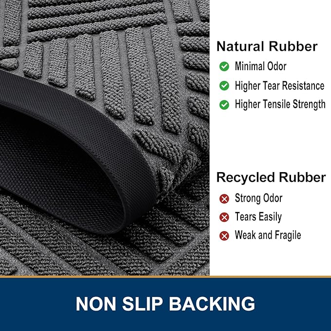 Smiry Front Door Mat Outside Entrance, Heavy Duty Outdoor Indoor Natural Rubber Doormat, Non Slip, Trap Dirt and Moisture, Easy Clean, Low Profile Patio Porch Entryway Mat, 59x35, Grey