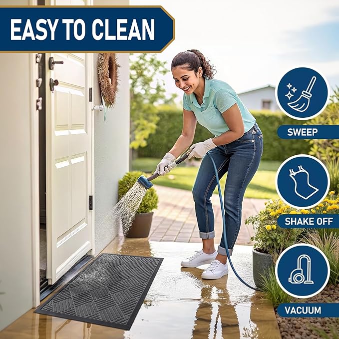 Smiry Front Door Mat Outside Entrance, Heavy Duty Outdoor Indoor Natural Rubber Doormat, Non Slip, Trap Dirt and Moisture, Easy Clean, Low Profile Patio Porch Entryway Mat, 59x35, Grey