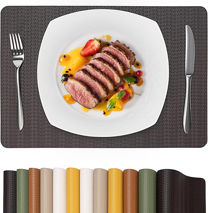 Faux Leather Placemats Set of 6 – 17x12 Inch Vinyl Table Mats, Heat Resistant, Non Slip, Wipeable & Washable, Easy to Clean Dining Table Decor for Kitchen & Dining Room （Dark Brownish Black）