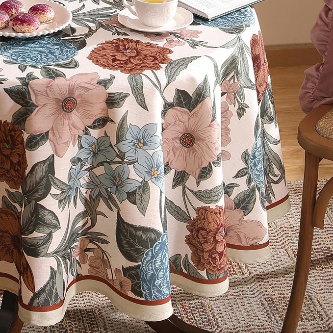 Designer French Linen Tablecloth for Round Table,Red and Blue Floral Rustic Durable Tablecloths,Decor Table Cover for Kitchen,Dining,Thanksgiving,Farmhouse,Diameter 67"-Burgundyred