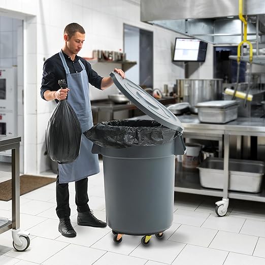 PRO&Family Commercial Round Trash Can with Lid and Dolly Rolling Waste Container, Ingredient Bin, Heavy-Duty Plastic, Anti-Static, Kitchen, Office, Outdoor Use (Gray, 55 Gallon)