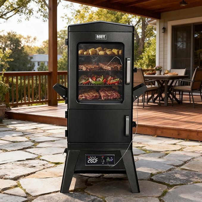 Vertical Electric Smoker with Cover & Meat Probe, BBQ Smokers with 4 Cooking Grates, 633 Sq.in Cooking Space, LED Temperature Control for Outdoor Cooking,Smoke Ribs,Brisket,Chicken