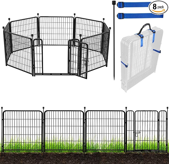 ADAVIN Metal Garden Fence with Gate, 36 in(H) 8 Panels Heavy Duty Iron Animal Barrier Fence, Indoor or Outdoor Dog Playpen, Camping Fence, No Dig Garden Border Fencing for Yard. Total 17.7 FT(L)