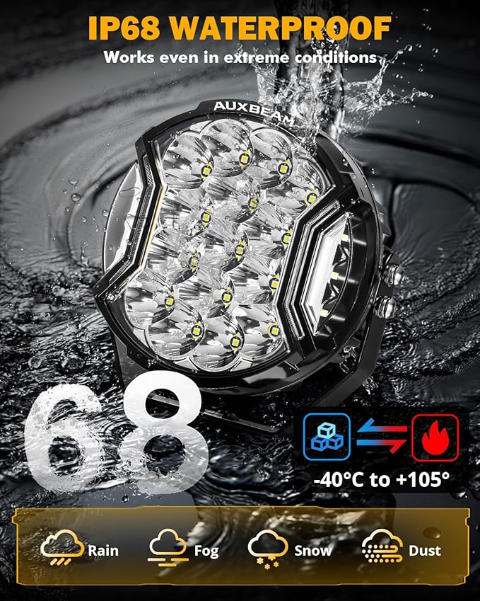 Auxbeam V-Ultra Series 7 Inch LED Pod Lights, 226W 26800LM Side Shooter Offroad Round Pods with Amber DRL& Black Cover, 270° Ultra-Wide Spotlights Universal Dual Color Light for Jeep ATV UTV, Pair
