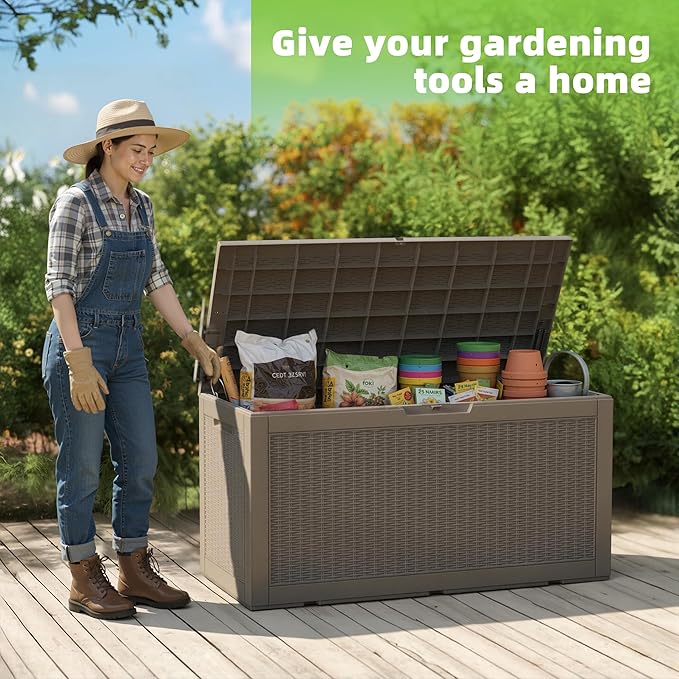 EasyUp 120 Gallon Outdoor Storage Box Waterproof, UV Resistant Resin Deck Box with Hydraulic Rod, Reinforced Stability for Patio, Garden, Rattan Gray