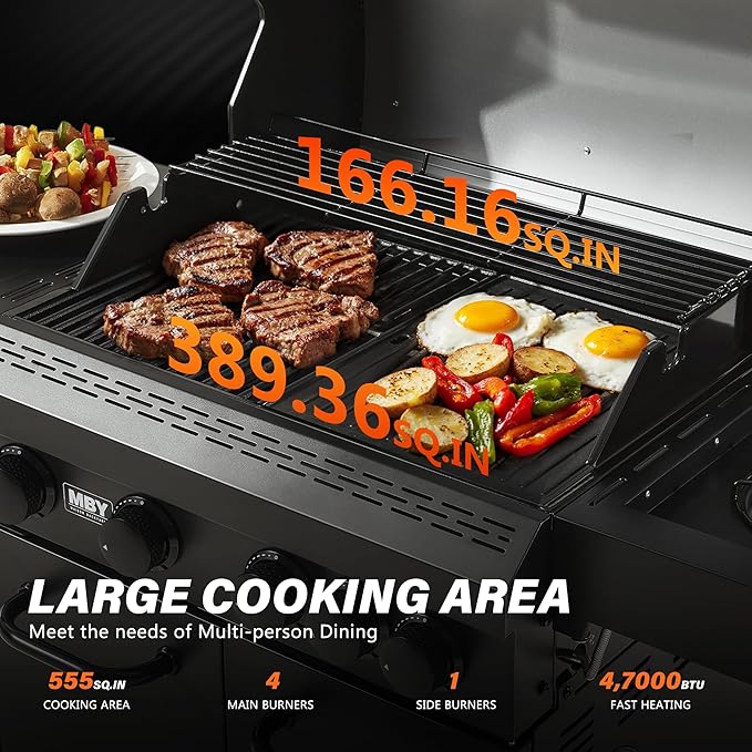 4+1 Burner Propane Gas Grill,47,000 BTU Outdoor BBQ with Enameled Cast Iron Grates and Side Tables, Portable for Backyard, Patio,Camping,3-in-1 BBQ Grill and Griddle Combo,555 Sq.in Cook Area