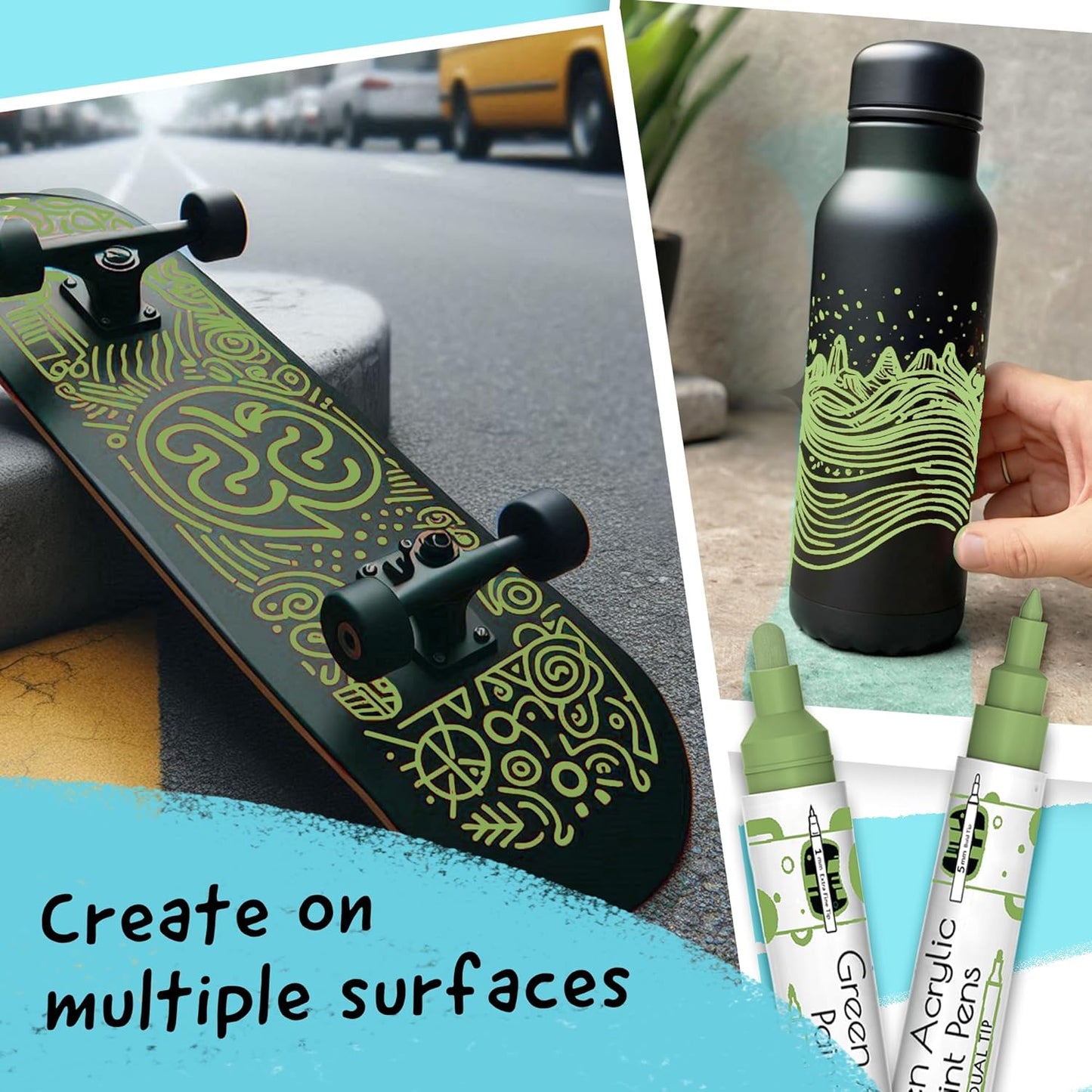 4 Dual Tip Green Paint Pen Metallic - Fine Tip & Medium Acrylic Paint Markers - Green Marker for Metal, Wood, Rock Painting, Canvas, Ceramic, Glass, Fabric, Leaf and Plastic - Water-based Ink