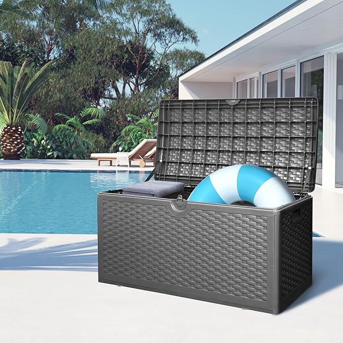 80 Plus Gallon Resin Deck Box, Waterproof Outdoor Storage Box for Patio, Poolside, and Garden, Lockable UV-Resistant Storage Bin Bench Cabinet for Small Spaces, Black