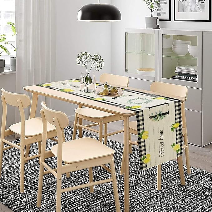 Lemon Fruit Home Table Runner,Vintage Farmhouse Rustic Black White Buffalo Plaid Dining Table Decoration for Home Holiday Party Dresser Kitchen Cabin Restaurant Wedding Decor 13×90in