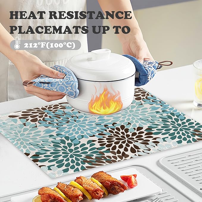 Blue Gray Dahlia Placemats Set of 6,Geometric Flowers Heat Resistant Table Mats Washable Place Mats for Party Kitchen Farmhouse Home Dining Holiday Decor 12x18 Inch