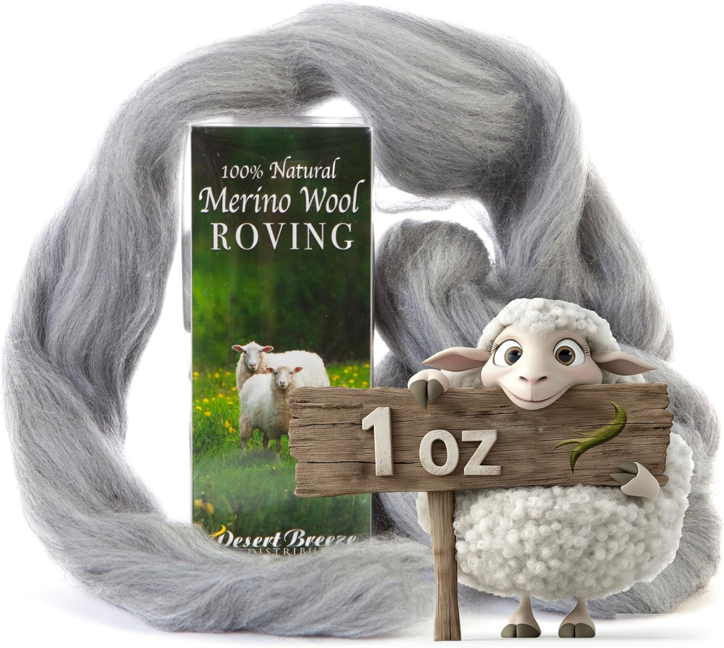 Desert Breeze Distributing 100% Natural Merino Wool Roving - Premium Combed Top Merino Roving Wool - Tapestry, Spinning, Wet Felting & Needle Felting Supplies - 21.5 Micron - 1 oz, Color Grey