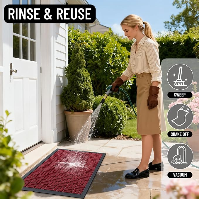 OLANLY Front Door Mat Outside Entrance 71x23, Absorbent, Heavy Duty Sturdy Natural Rubber Doormat Indoor Outdoor, Non-Slip, Stain and Fade Resistant, Low Profile Floor Mat for Entryway, Black Red