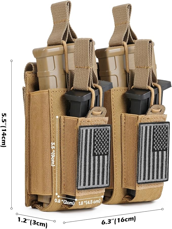 Open-Top Single/Double/Triple Molle Mag Pouch for 5.56mm M4 M16 AK AR Glock M1911 9mm Elastic Rifle Magazines Pistol Mag Pouches Holder Carrier with USA Flag Patch