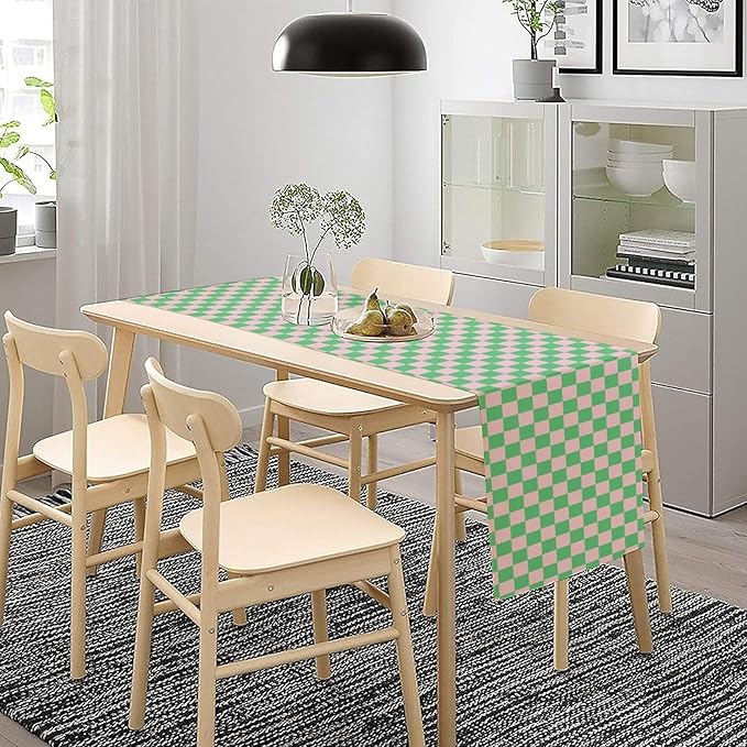 Retro Checkered Table Runner, Cute Pink Green Checkerboard Vintage Hippie Modern Aesthetic Table Runner for Party Kitchen Dining Home Outdoor Banquet 13x36in