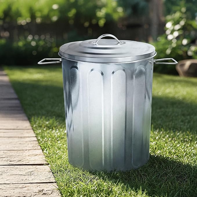 Plexon 5 Gallon Small Metal Trash Can with Lid Outdoor Galvanized Bucket with Lid 5 Gal Fireplace Ash Bucket for Wood Stove Storage Can for Dog Food Bird Seed Storage Container Rodent Pet Proof 2 Pack