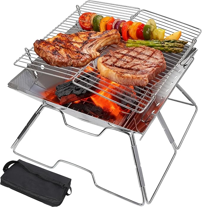 Lineslife Foldable Fire Pit with Grill for Camping Collapsible Portable Fire Pit with Campfire Grill & Tote Bag for Backyard, Patio, Picnic, BBQ