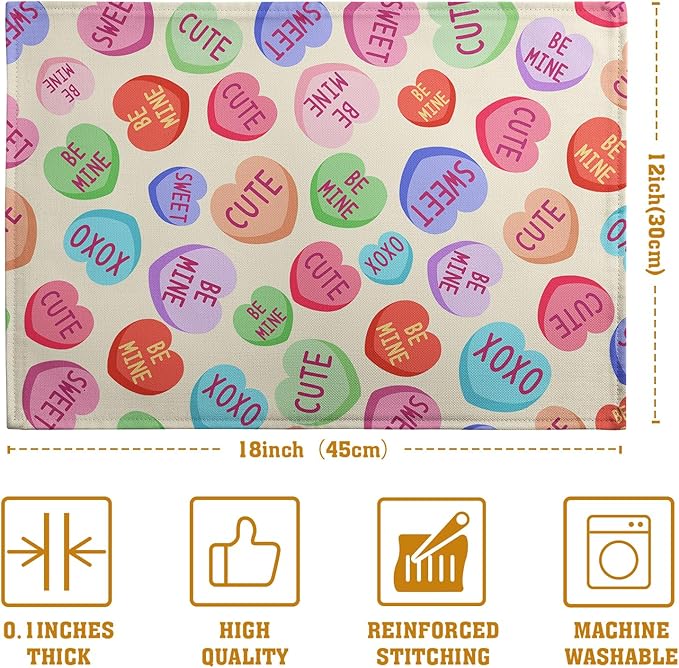 Valentine Pink Love Heart Candy Placemats Set of 4 Valentines Seasonal Table Mats Resistant Washable Dinner Mats for Outdoor Home Party Kitchen Dining 12x18 Inch