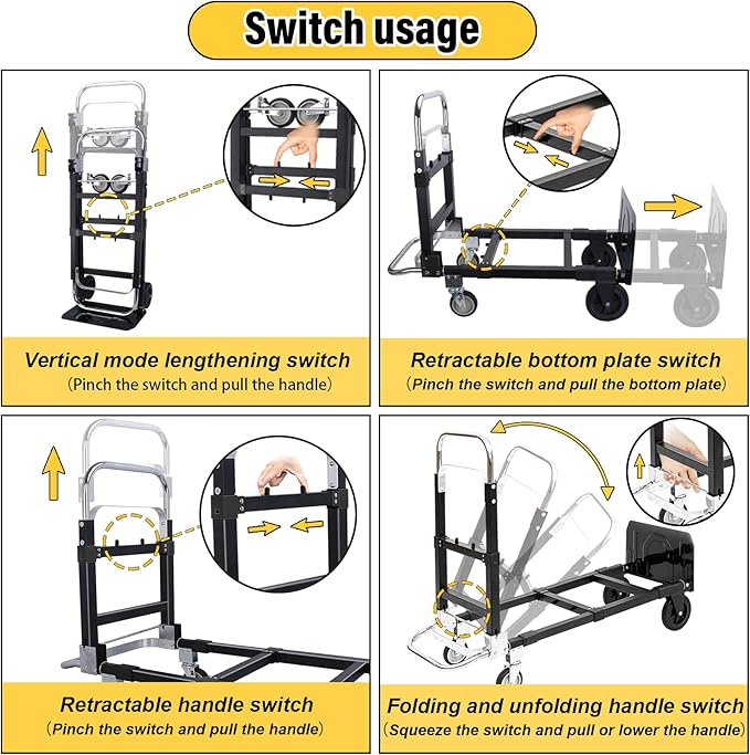 Upgraded 3 in 1 Folding Hand Truck, 600lbs Capacity, Heavy Duty Convertible Dolly with Retractable Handle and 4 Rubber Wheels, Collapsible Cart for Moving Home, Office, Warehouse (Black)