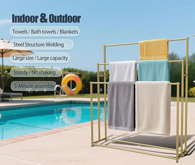 3 Tier Standing Towel Rack - Extra Wide Large Bathroom Towel Stand, Heavy-Duty Metal Towel Drying Rack for Poolside (Golden)