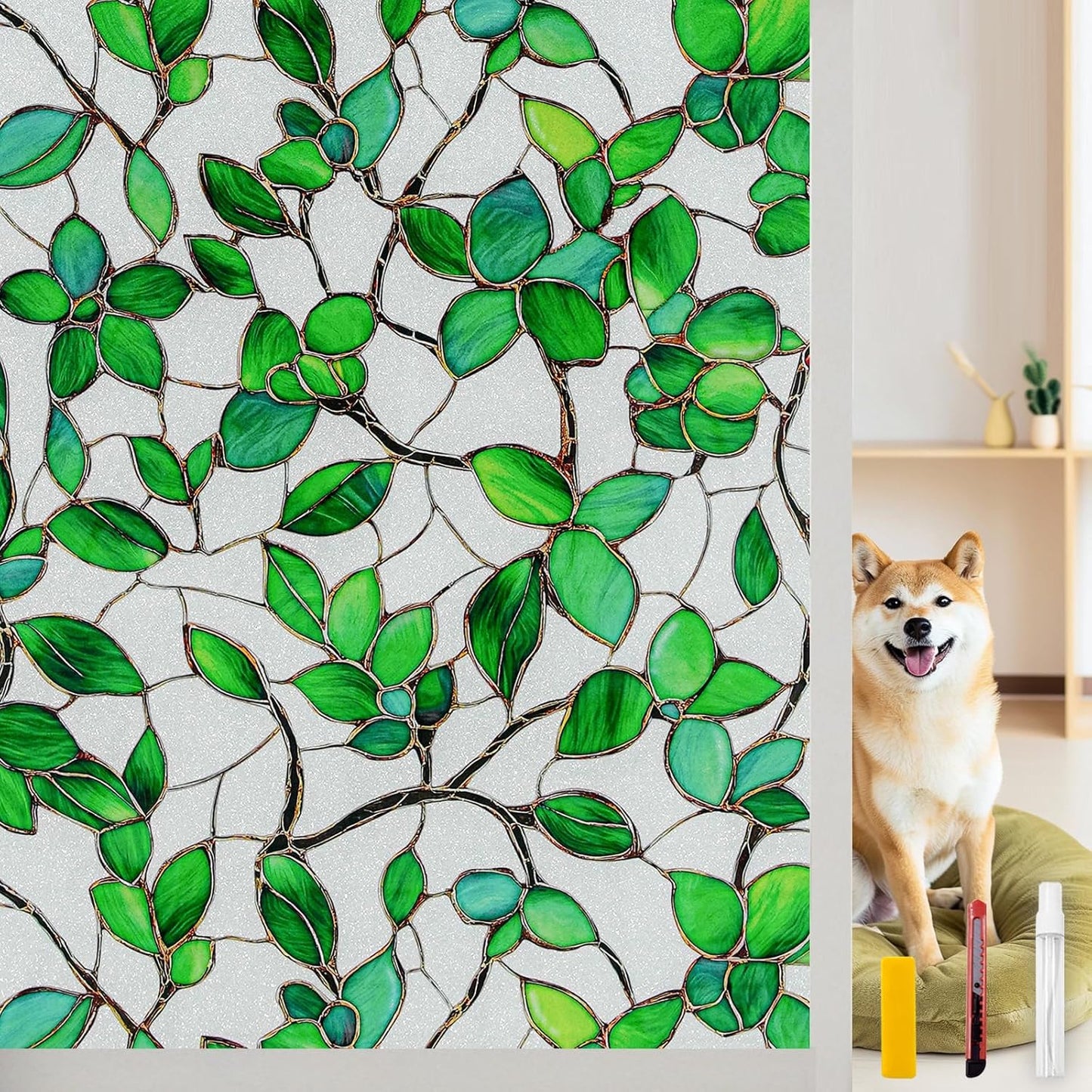 Window Privacy Film Stain Glass Window Film Rainbow Window Film Window clings Non-Adhesive Reusable Decorative for Room (Frosted Greenery Leaf, 35.4 x 78.7 in)