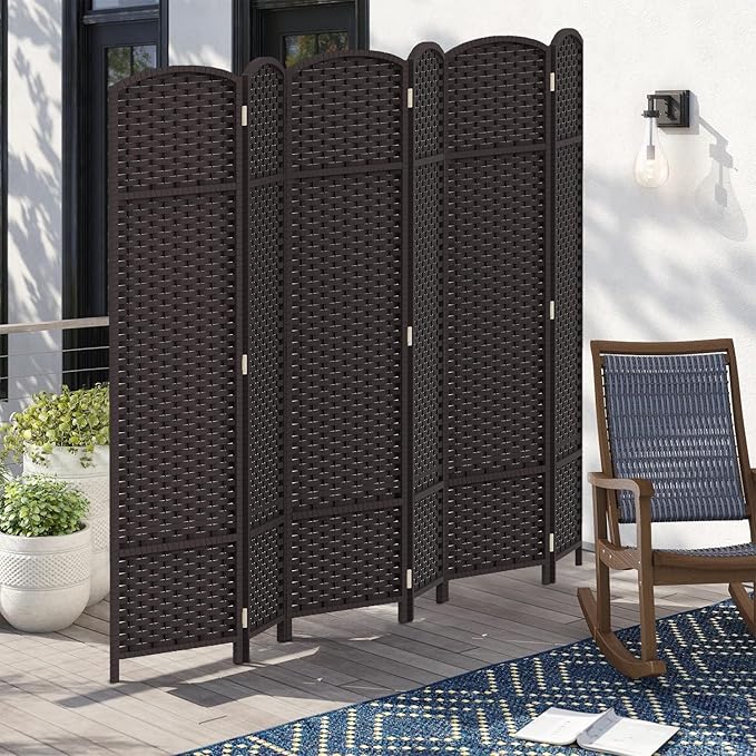 Room Divider 6 Panel Screen 5.6 Ft Tall Partition Room Dividers Brown Privacy Screens Folding Room Separation Free Standing Waterproof Wood Frame Wall Divider