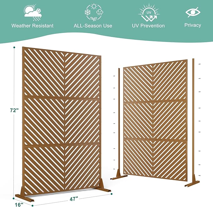 Metal Privacy Screen for Outdoor & Indoor Use, Free Standing Privacy Screen for Patio Garden Pool, 72" H x 47" W Decoative Privacy Panels, Weather Resistant, Easy Assembly (Rust Parallel Line)