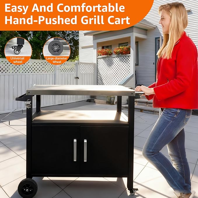 Dining Cart Table with Big Storage Cabinet - Movable Indoor Outdoor Kitchen Island, Multifunctional BBQ Grill Table & Pizza Oven Stand for Food Prep