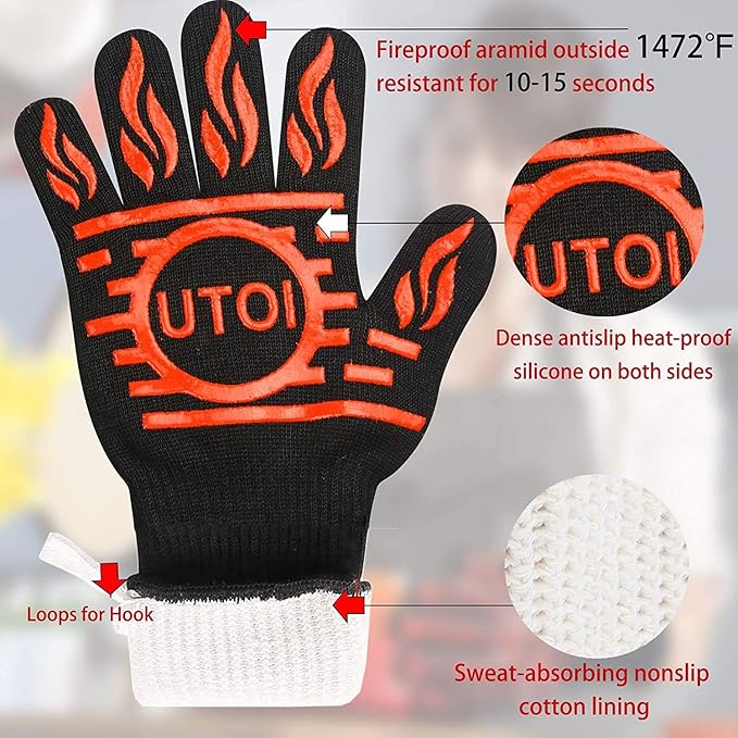 BBQ Grill Gloves 1472°F Heat Resistant, Long Grilling Gloves Oven Mitts for Campfire & Fire Pit, Smoker, Fireplace, Kitchen and Outdoor Cooking, XL Size, Red