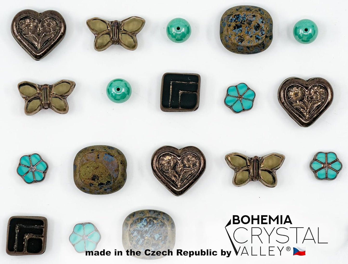 45+ pcs (2.1oz=60g) of Focal Glass Bead Mix with Table-Cut Flower and Butterfly Beads, PG Turqouise Brown Brass