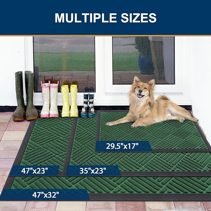 Smiry Front Door Mat Outside Entrance, Heavy Duty Outdoor Indoor Natural Rubber Doormat, Non Slip, Trap Dirt and Moisture, Easy Clean, Low Profile Patio Porch Entryway Mat, 71x47, Green