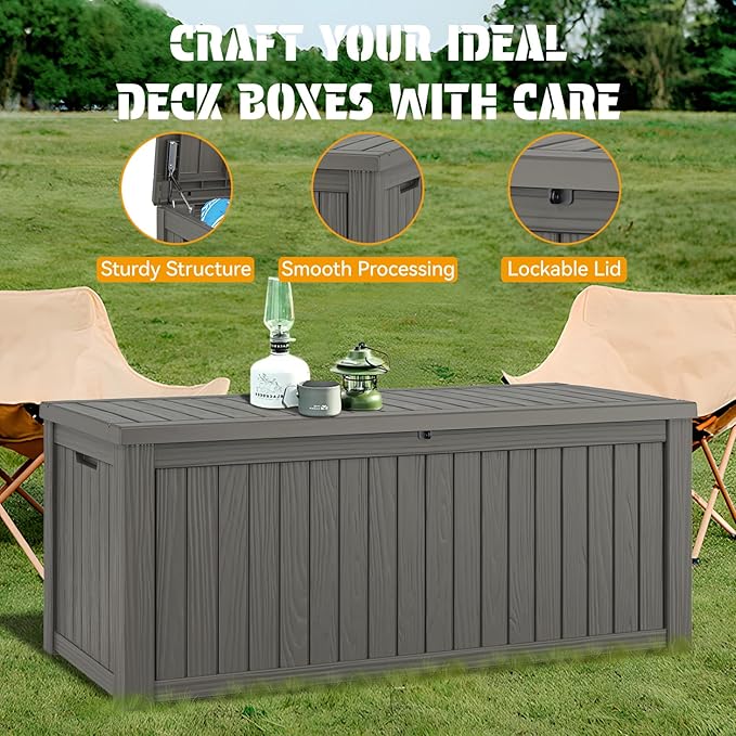 NUNU LAB 220 Gallon Outdoor Storage Box Waterproof, Outside Package Delivery Deck Boxes with Lockable Lid, Backyard Storage Bin For Garden Tools, Patio Cushions, Gray