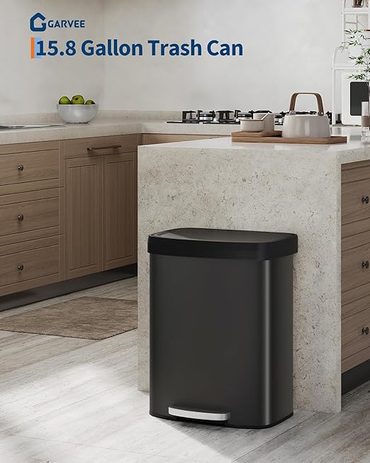 Garvee 16 gal / 60 L Metal Trash Can with Lid, Large Garbage Can for Kitchen, Rustproof Step-on Kitchen Metal Trash Bin with Liner Rim, Rear Handle, Soft Close Plastic Lid, Black