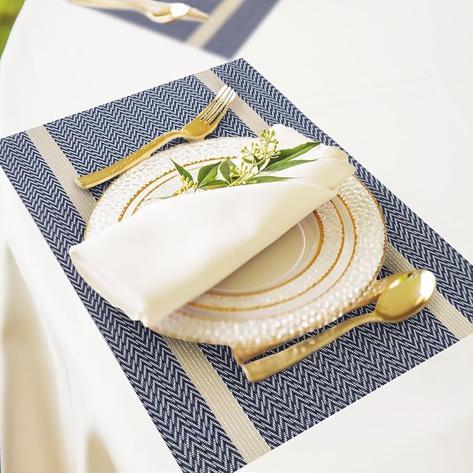 Vinyl Placemats Set of 8, PVC Woven Washable Non-Slip Table Mats, Heat Resistant Wrinkle Free Place Mats for Dining Table, Easy to Clean (Dark Blue)