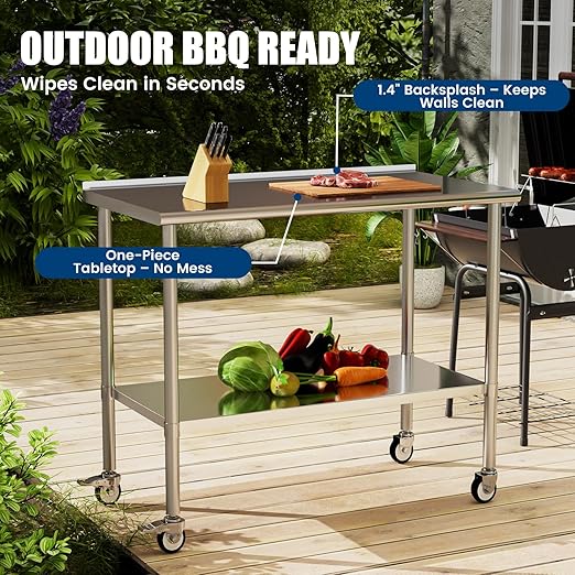 Stainless Steel Work Table with Wheels, 24x60 Inch NSF Food Prep Table with Backsplash & Adjustable Undershelf for Commercial Kitchen, Restaurant, Garage