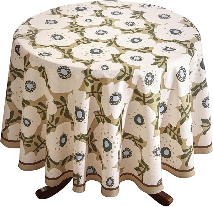 Designer Vintage Small Round Tablecloth,Linen French Tablecloth with White Floral Pattern,Decor Table Cover for Kitchen,Dining,Thanksgiving,Tea Party,Diameter 55"-Hidaka