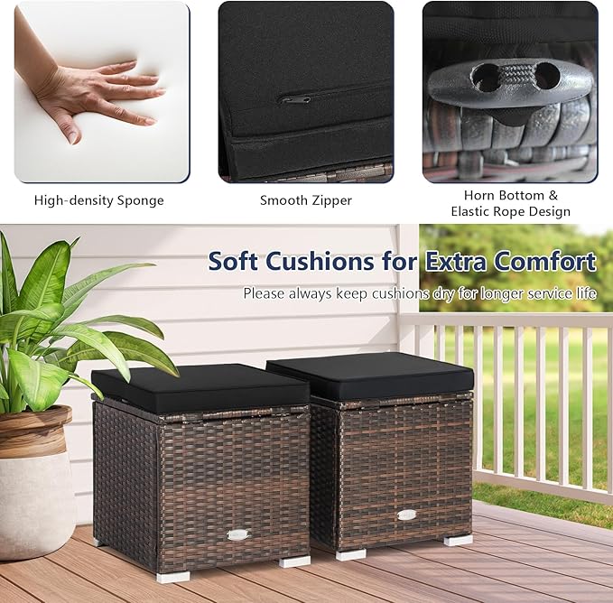 Tangkula 2 Pieces Patio Ottomans, Patiojoy Hand-Woven PE Rattan Side Table with Removable Cushion & Hidden Storage Space, Multifunctional Storage Box, Seat for Patio, Backyard, Poolside (Black)