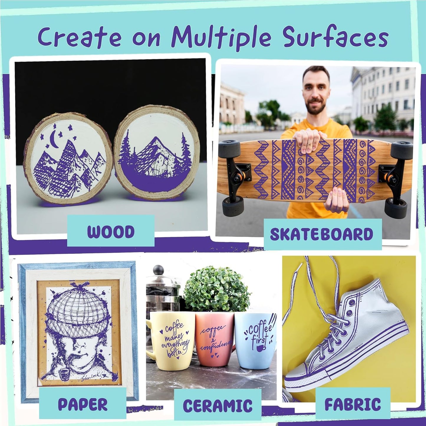 4 Dual Tip Purple Paint Pen Metallic - Fine Tip & Medium Acrylic Paint Markers - Purple Acrylic Markers for Metal, Wood, Rock Painting, Canvas, Ceramic, Glass, Fabric, Plastic - Water based Ink