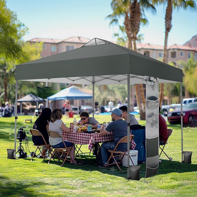 PHI VILLA 10x10ft 1-Person Setup Pop Up Canopy Tent Instant Portable Shelter w/ 1-Button Push, Case, 4 Weight Bags - Gray