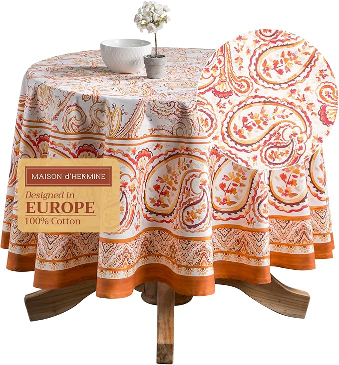 Maison d' Hermine Table Cloth Round Table 100% Cotton 69 Inches Fall Tablecloth Reusable Everyday Use for Thanksgiving Christmas Decorations Dining Farmhouse Party (Palatial Paisley)