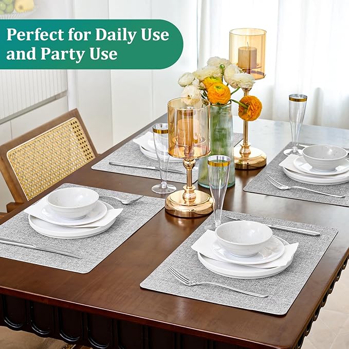 FOCUSLINE Faux Leather Placemats Set of 6, Light Grey Table Place Mats, Waterproof and Non-Slip Dining Table Mats for Indoor & Outdoor Use